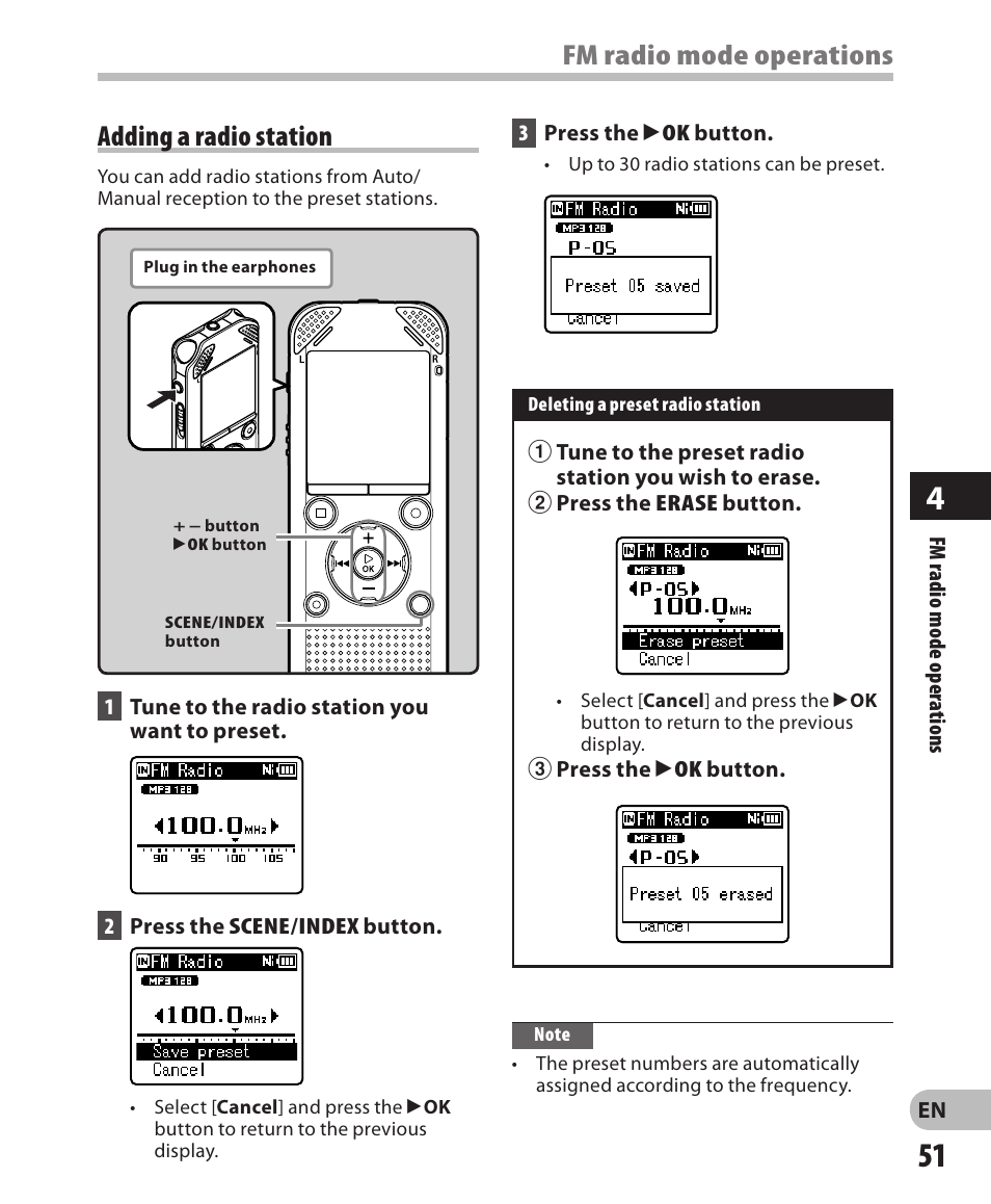 Fm radio mode operations adding a radio station | Olympus WS-811 User Manual | Page 51 / 95