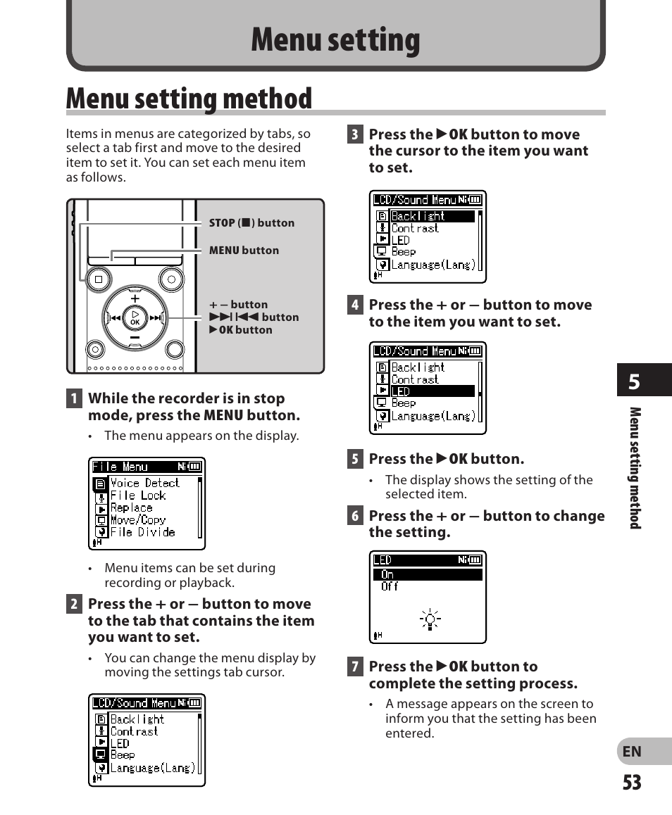 Menu setting, Menu setting method | Olympus WS-811 User Manual | Page 53 / 95
