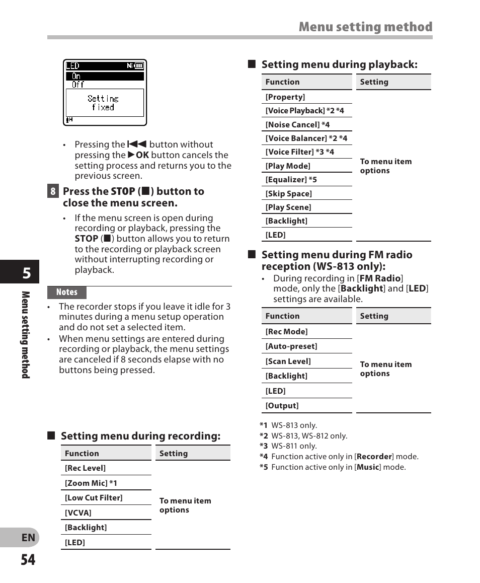 Menu setting method | Olympus WS-811 User Manual | Page 54 / 95