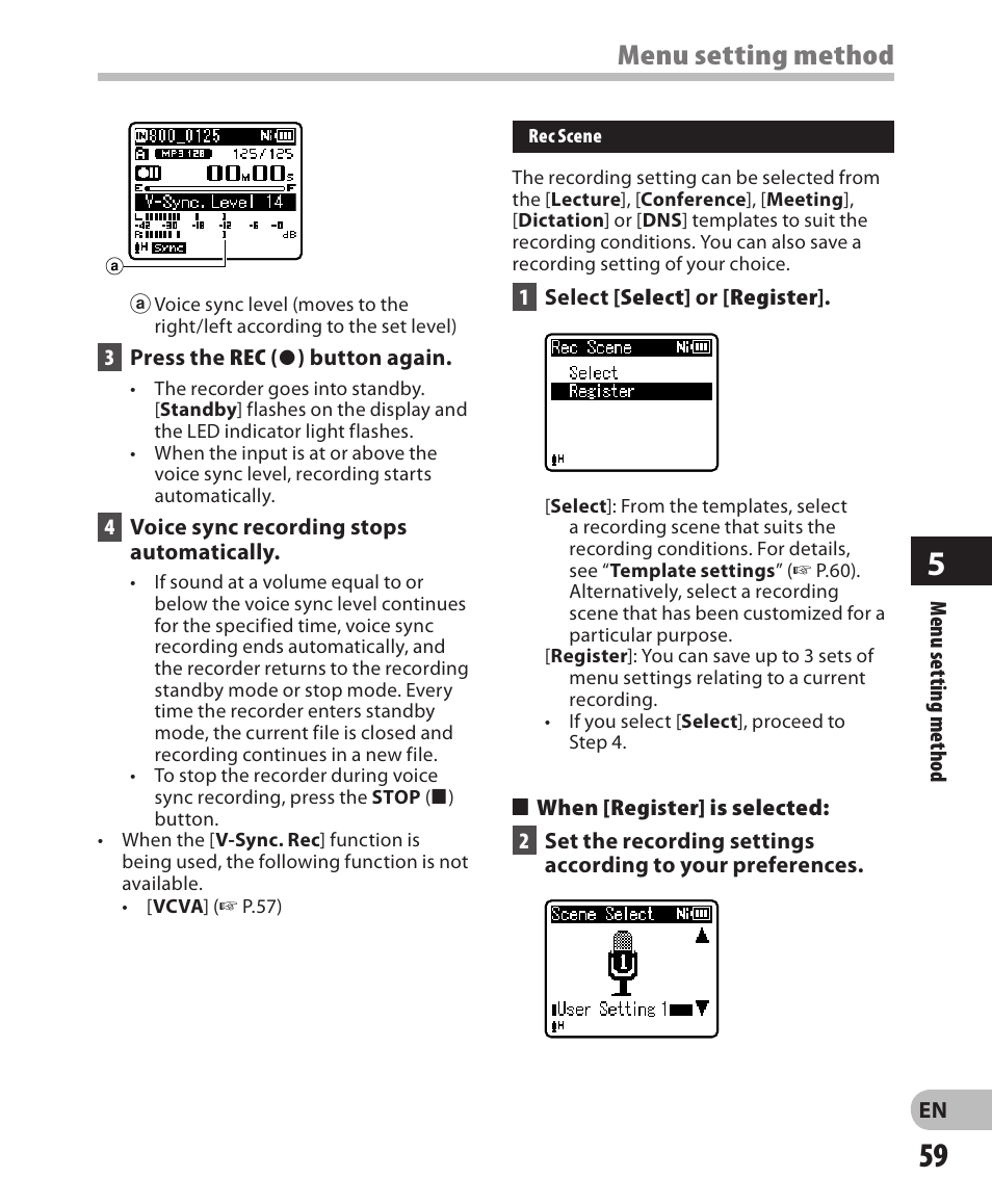 Menu setting method | Olympus WS-811 User Manual | Page 59 / 95