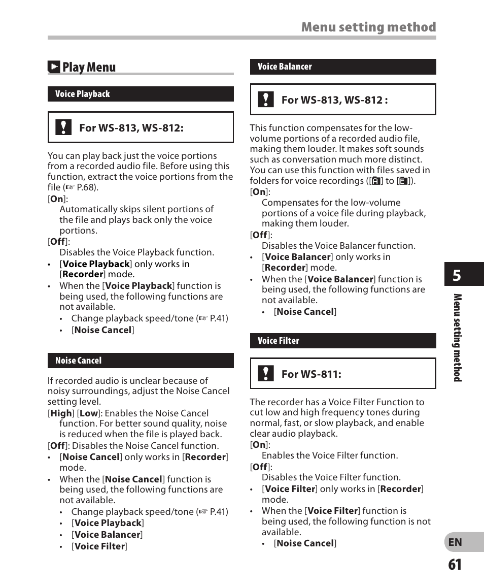 Menu setting method, Play menu | Olympus WS-811 User Manual | Page 61 / 95