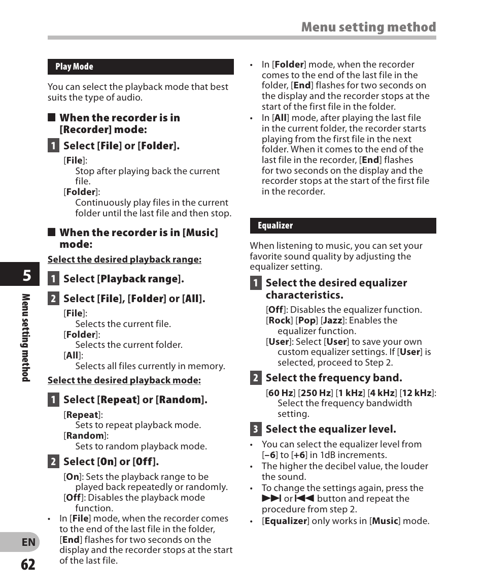 Menu setting method | Olympus WS-811 User Manual | Page 62 / 95