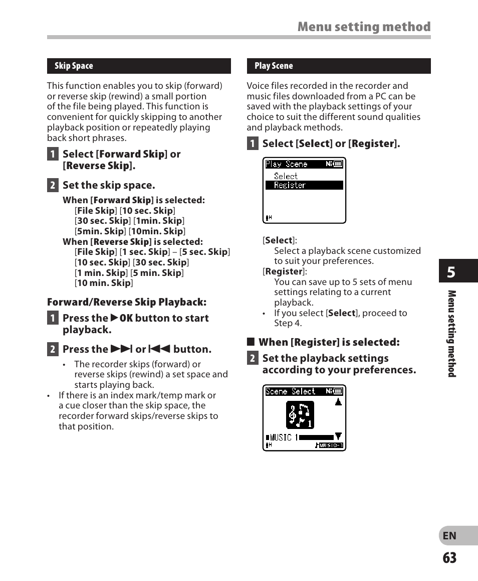 Menu setting method | Olympus WS-811 User Manual | Page 63 / 95