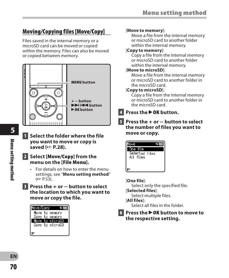 Menu setting method, Moving/copying files [ move/copy | Olympus WS-811 User Manual | Page 70 / 95