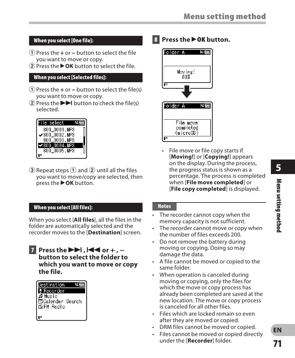 Menu setting method | Olympus WS-811 User Manual | Page 71 / 95