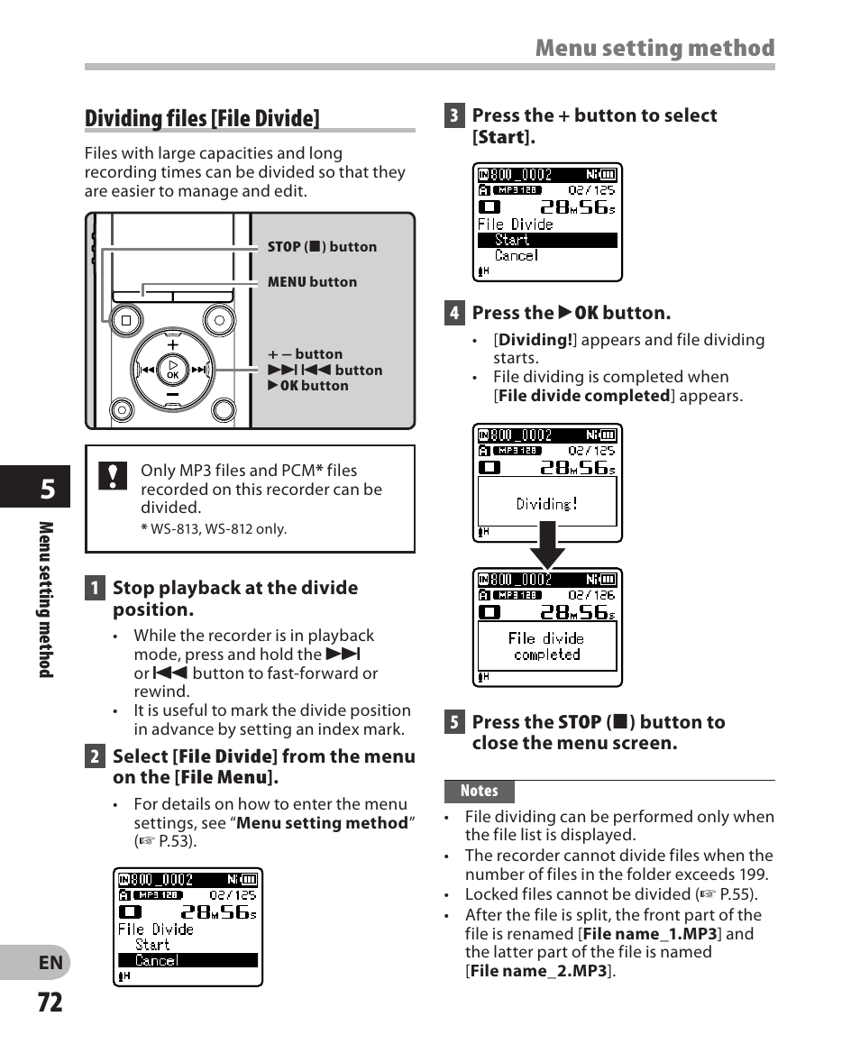 Menu setting method, Dividing files [ file divide | Olympus WS-811 User Manual | Page 72 / 95