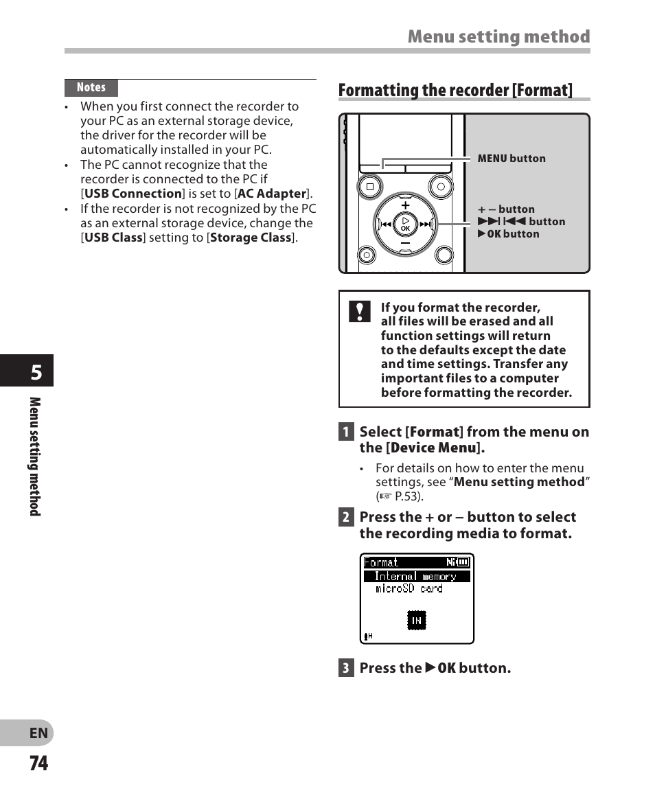 Menu setting method, Formatting the recorder [ format | Olympus WS-811 User Manual | Page 74 / 95