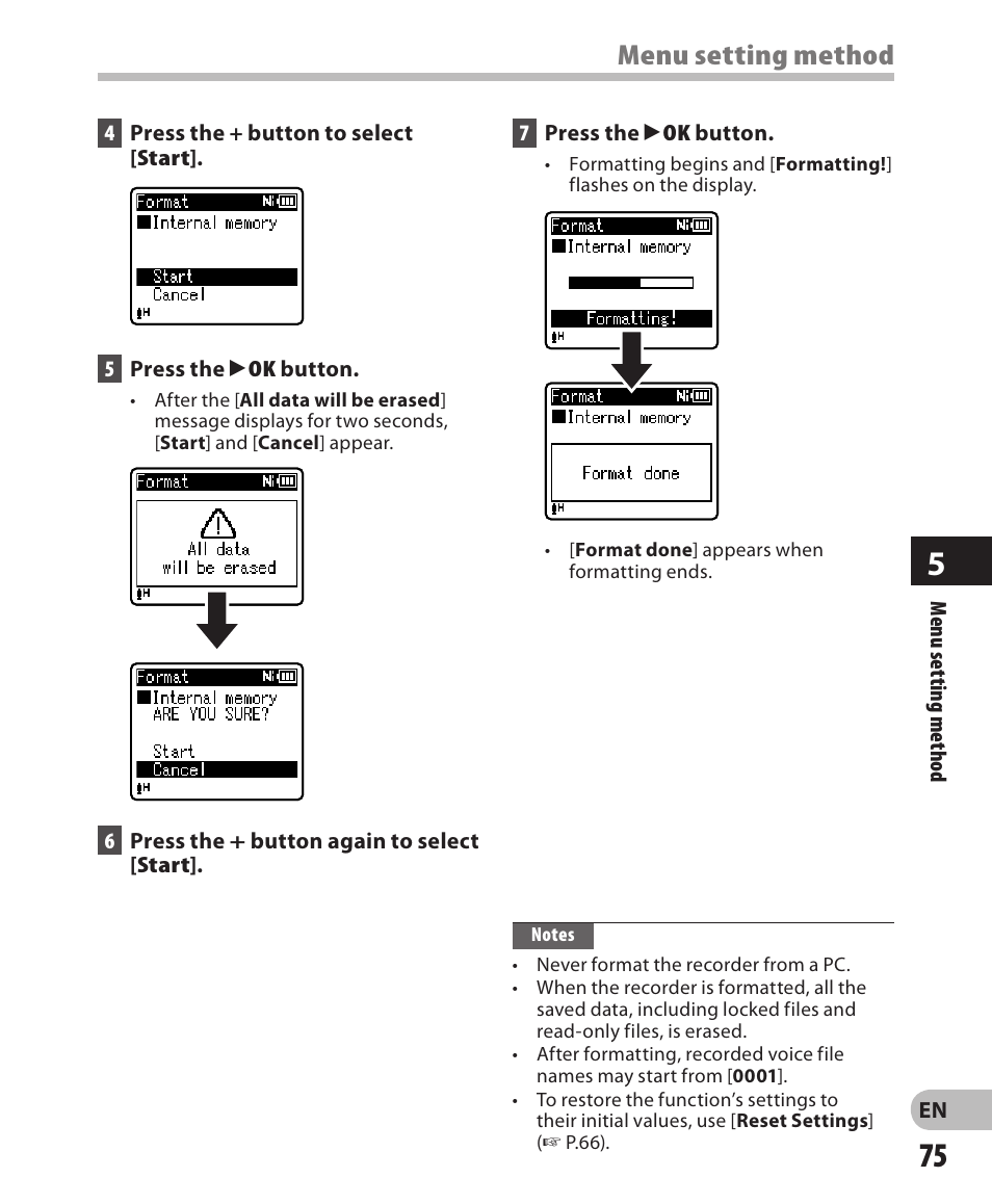 Menu setting method | Olympus WS-811 User Manual | Page 75 / 95