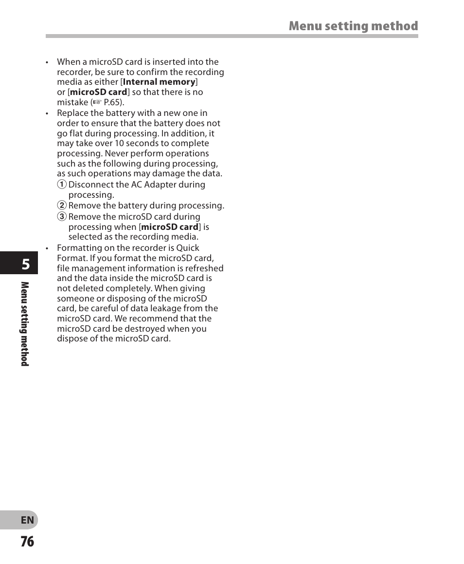 Menu setting method | Olympus WS-811 User Manual | Page 76 / 95