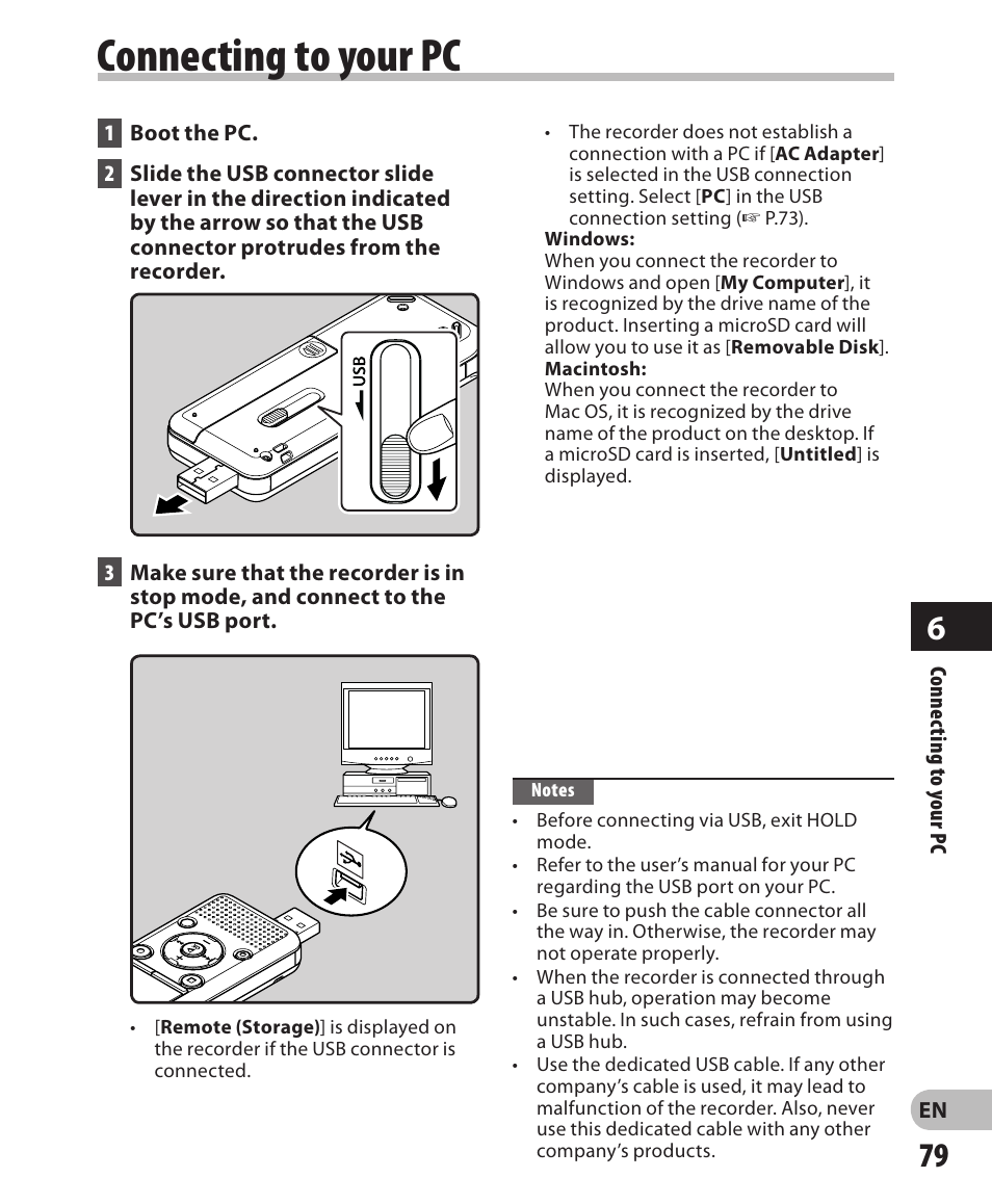 Connecting to your pc | Olympus WS-811 User Manual | Page 79 / 95