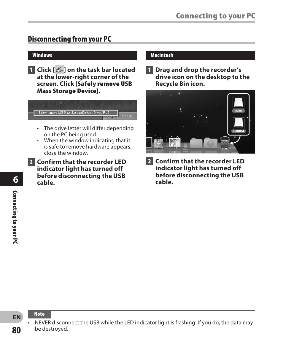 Connecting to your pc disconnecting from your pc | Olympus WS-811 User Manual | Page 80 / 95