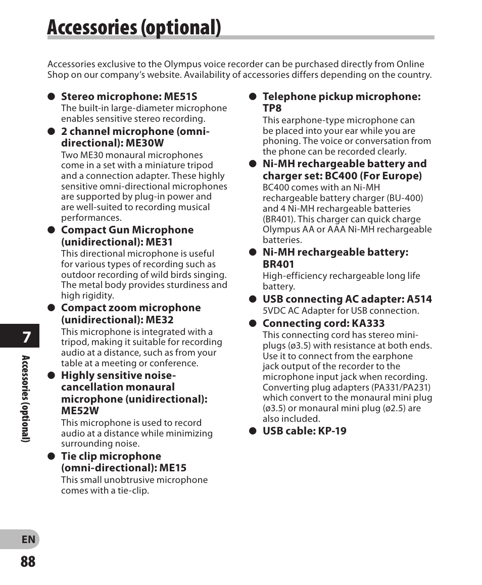 Accessories (optional) | Olympus WS-811 User Manual | Page 88 / 95