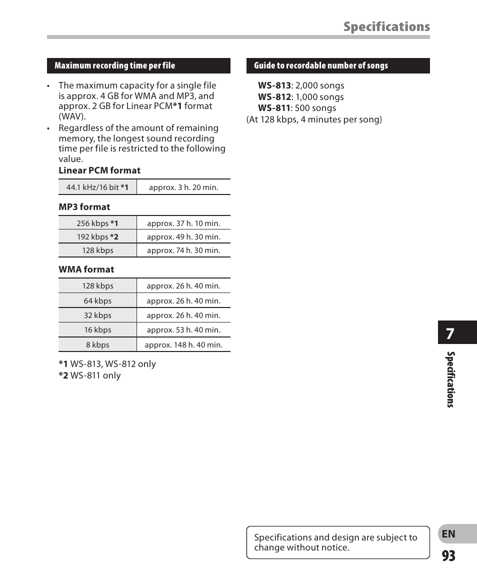 Specifications | Olympus WS-811 User Manual | Page 93 / 95