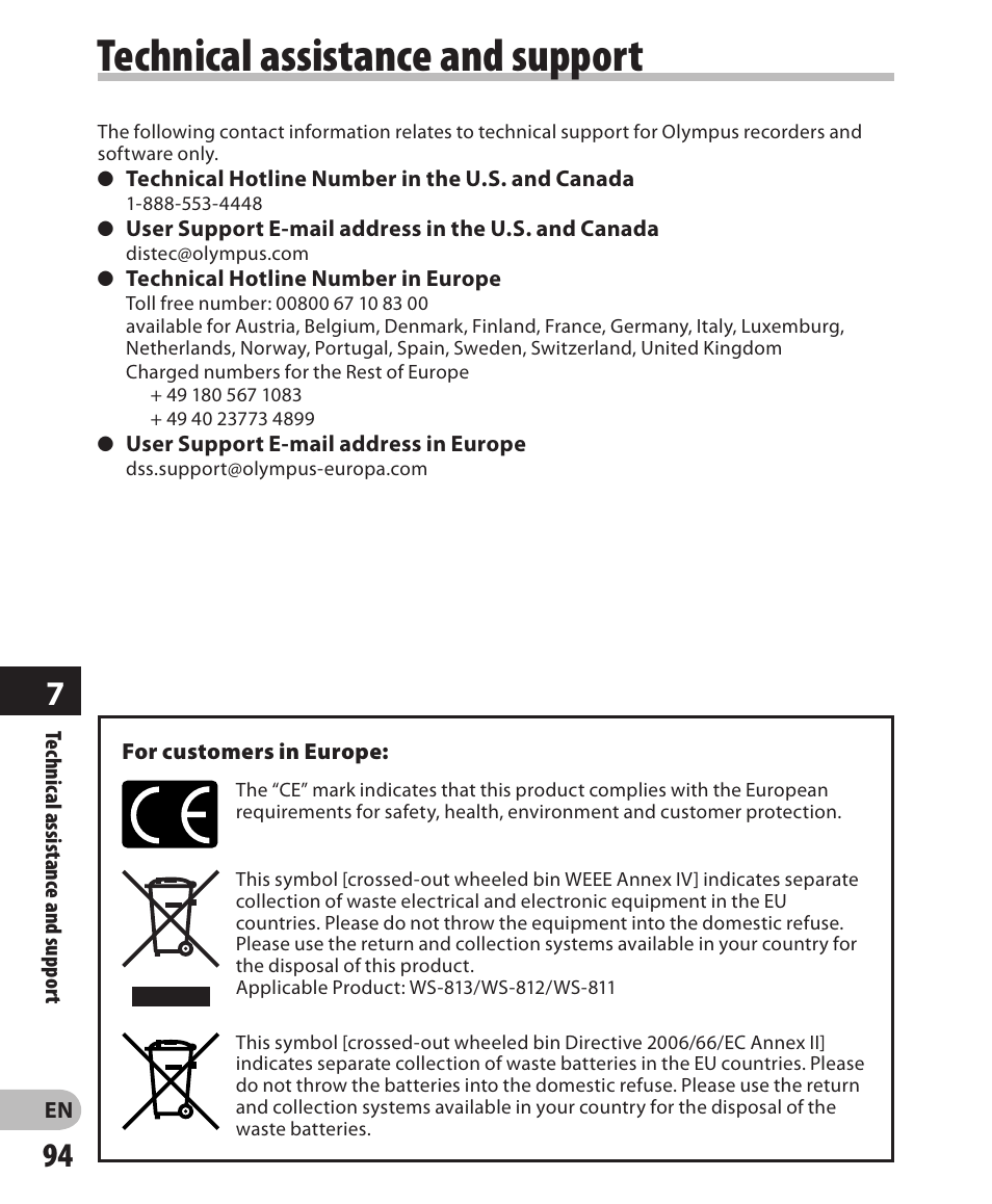 Technical assistance and support | Olympus WS-811 User Manual | Page 94 / 95