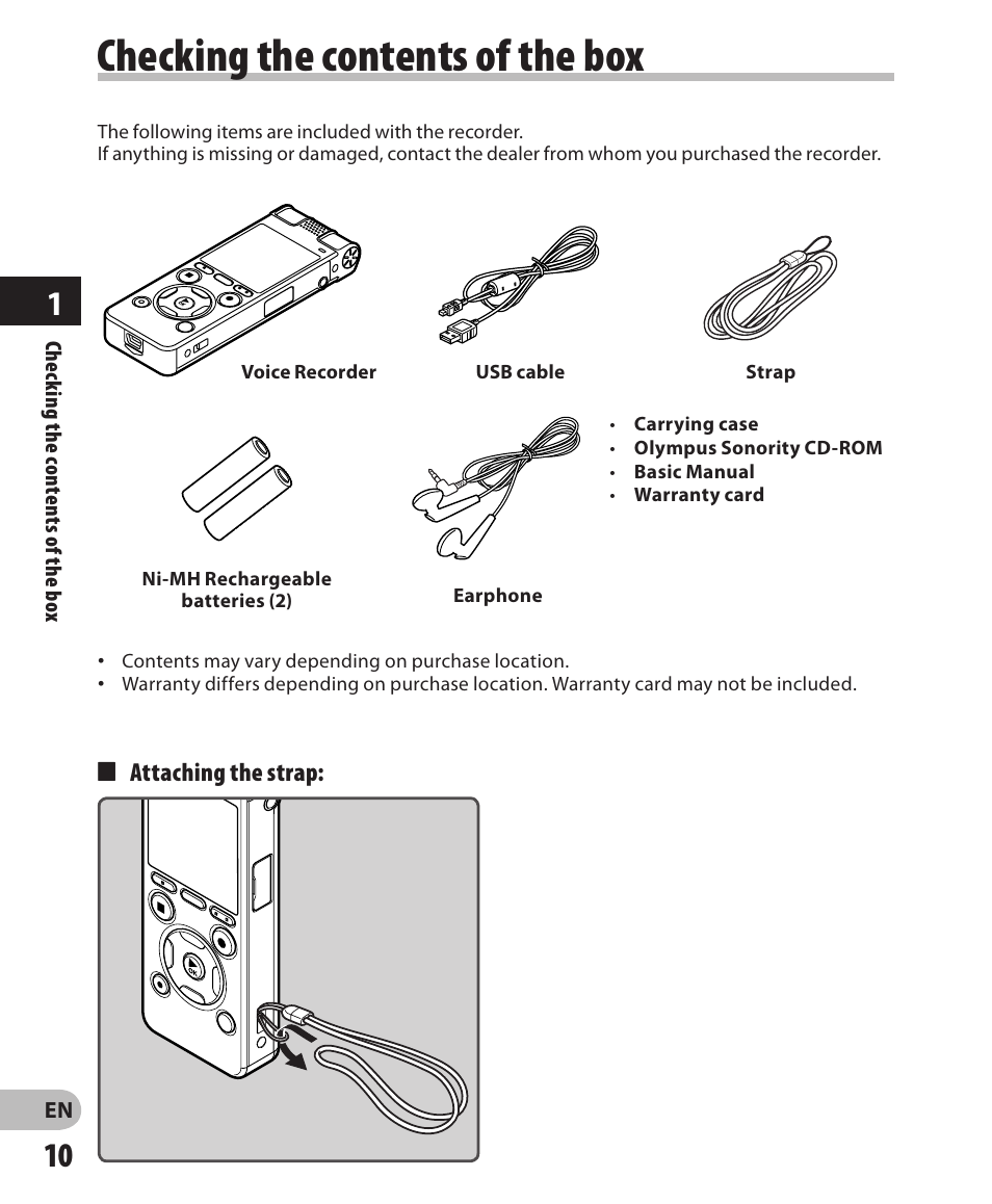 Checking the contents of the box | Olympus DM-650 User Manual | Page 10 / 113