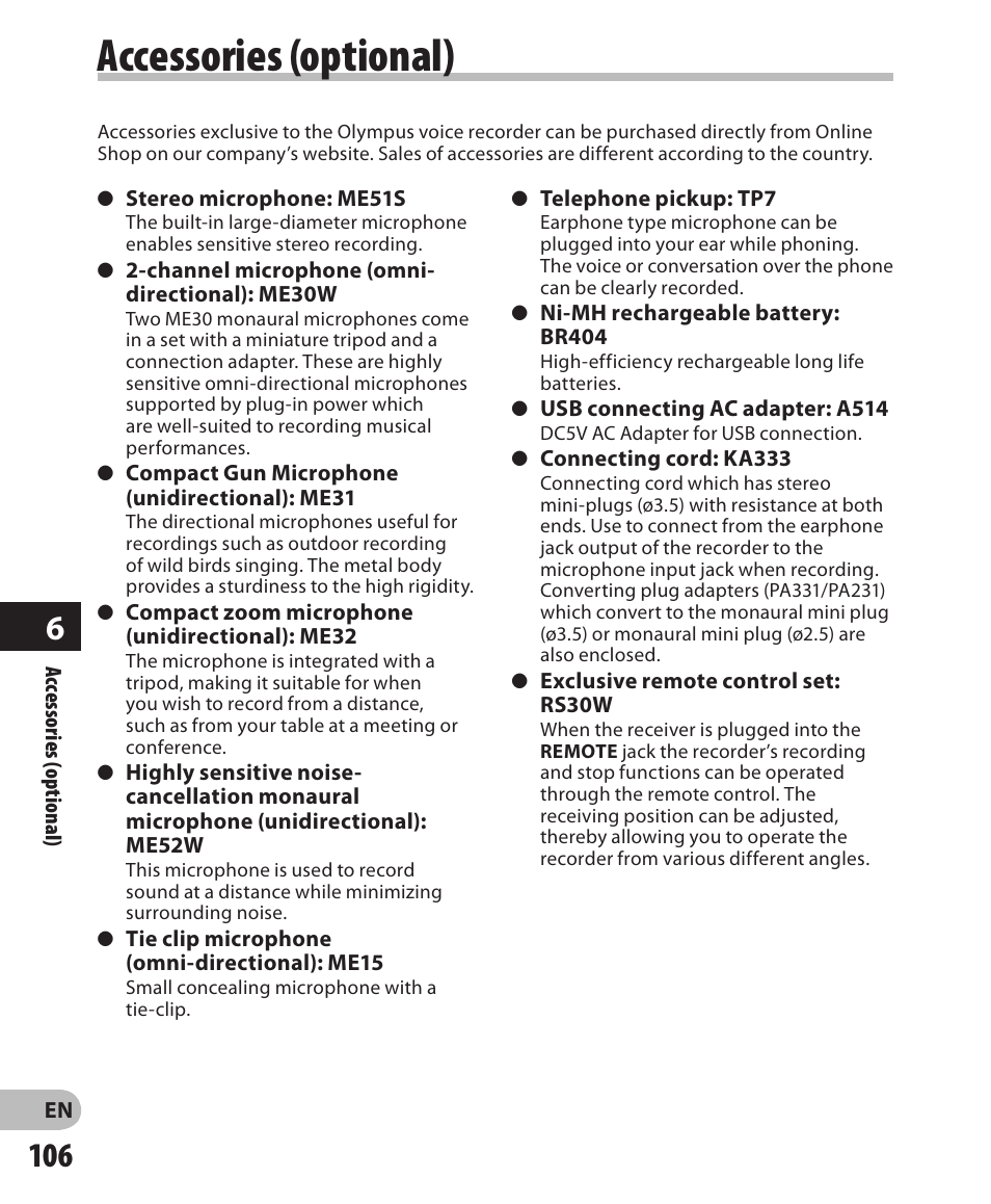 Accessories (optional) | Olympus DM-650 User Manual | Page 106 / 113