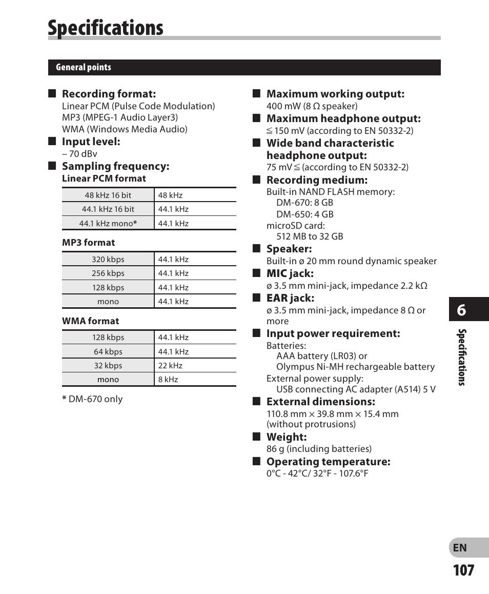 Specifications | Olympus DM-650 User Manual | Page 107 / 113