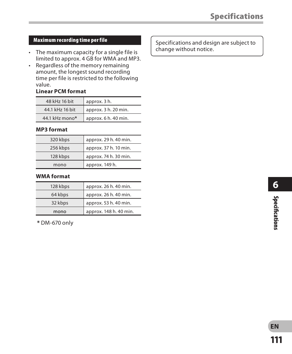 Specifications | Olympus DM-650 User Manual | Page 111 / 113