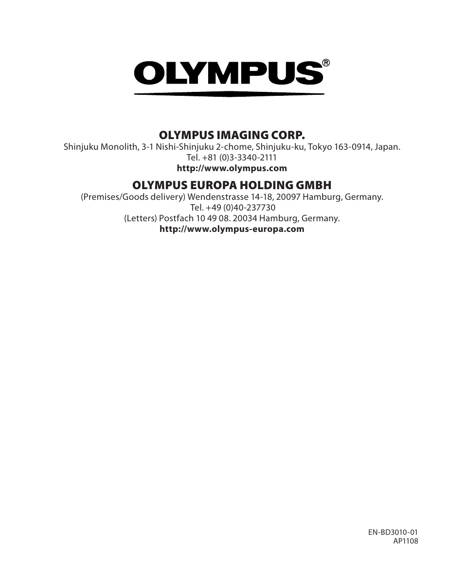 Olympus imaging corp, Olympus europa holding gmbh | Olympus DM-650 User Manual | Page 113 / 113