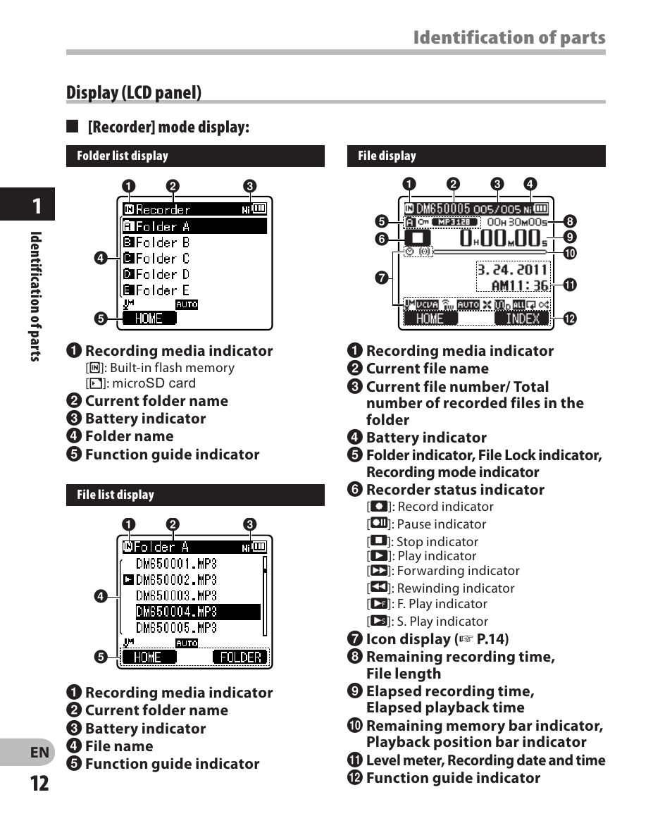 Identification of parts, Display (lcd panel) | Olympus DM-650 User Manual | Page 12 / 113