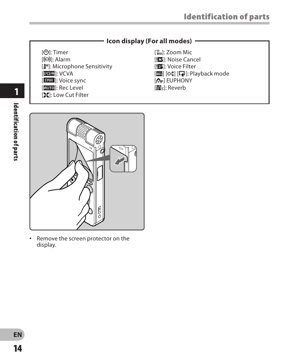 Identification of parts | Olympus DM-650 User Manual | Page 14 / 113