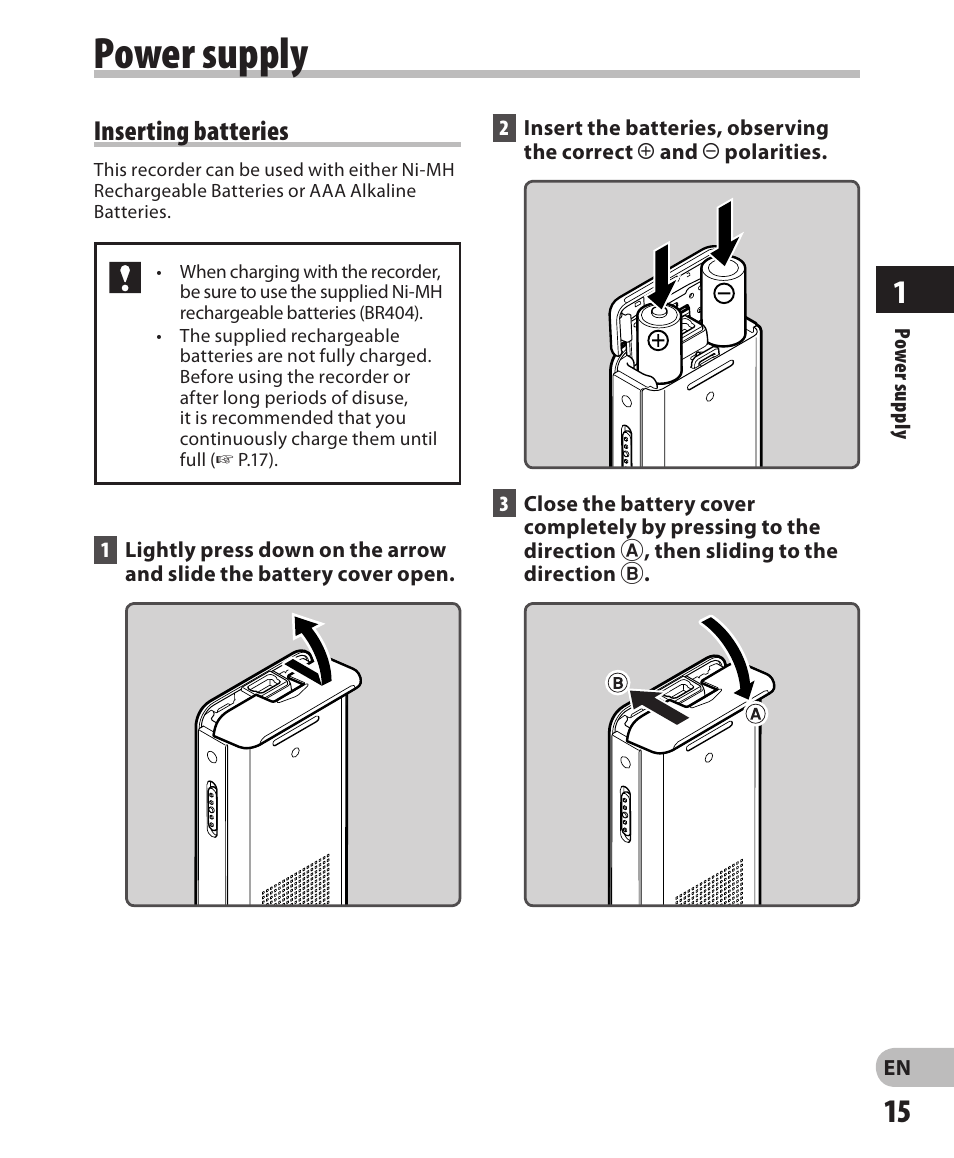 Power supply, Inserting batteries | Olympus DM-650 User Manual | Page 15 / 113