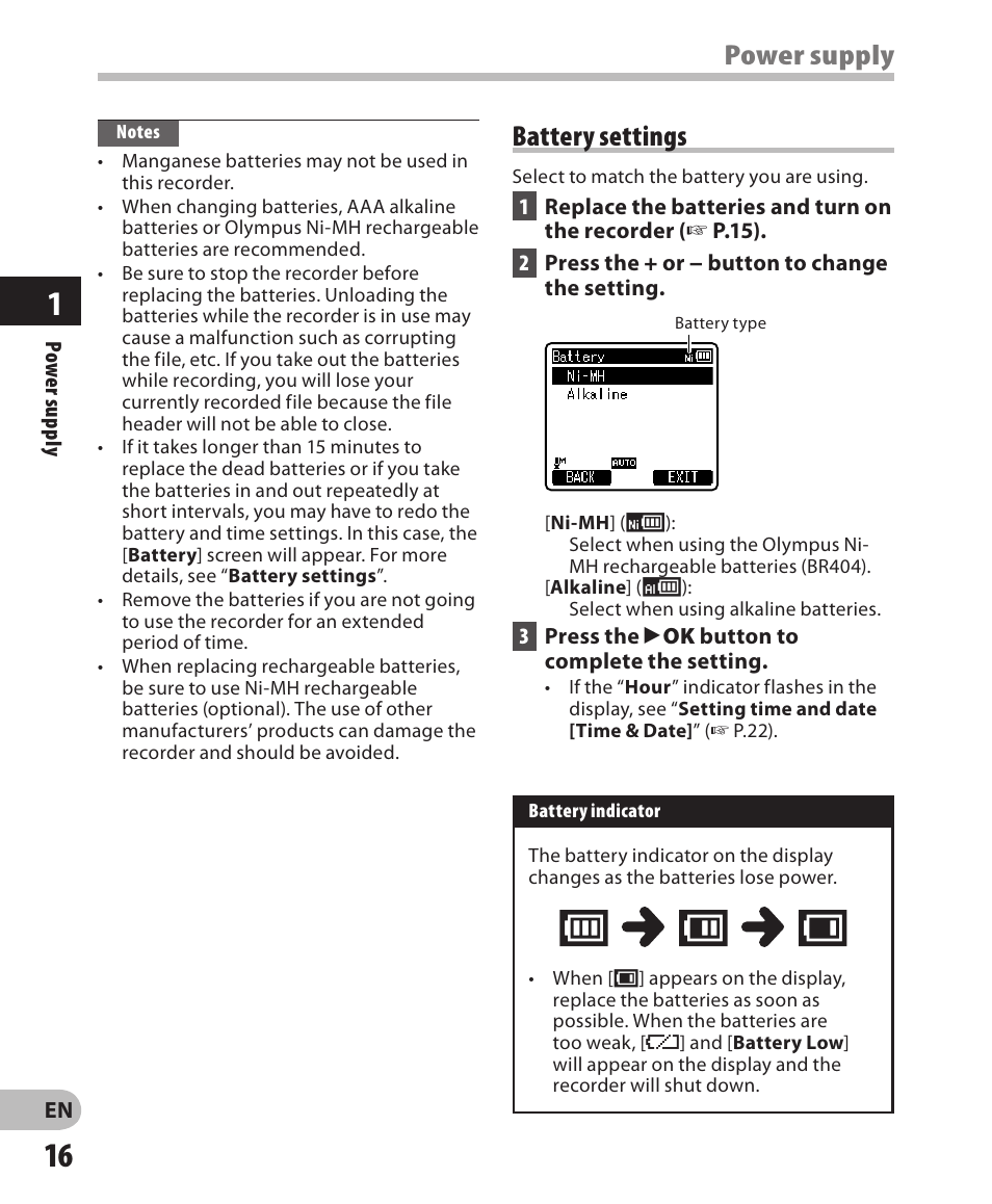 Power supply, Battery settings | Olympus DM-650 User Manual | Page 16 / 113