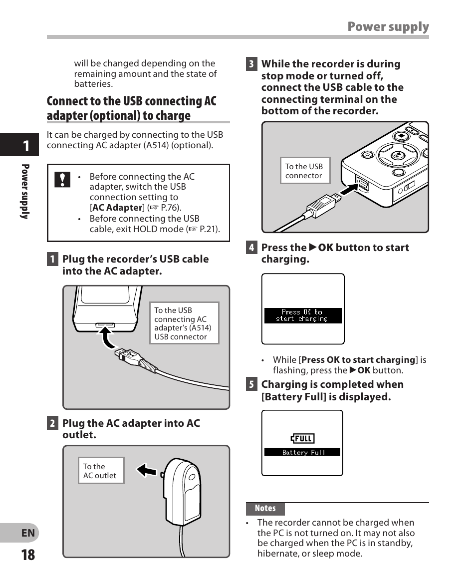 Power supply | Olympus DM-650 User Manual | Page 18 / 113