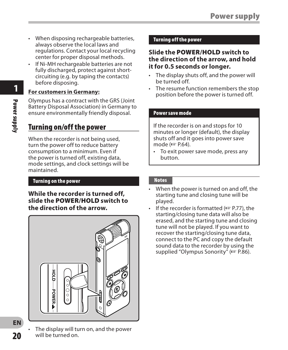 Power supply turning on/off the power | Olympus DM-650 User Manual | Page 20 / 113