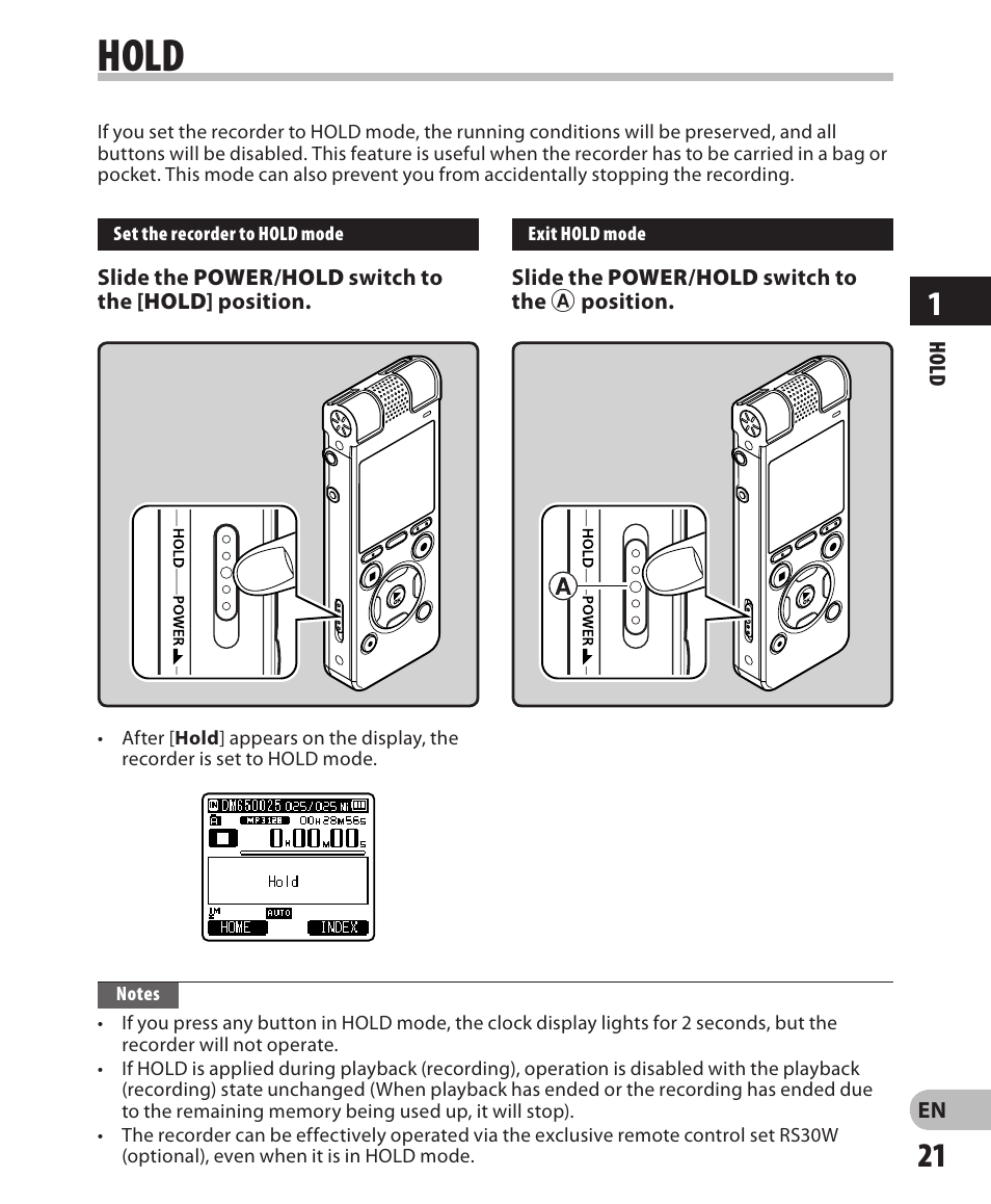 Hold | Olympus DM-650 User Manual | Page 21 / 113