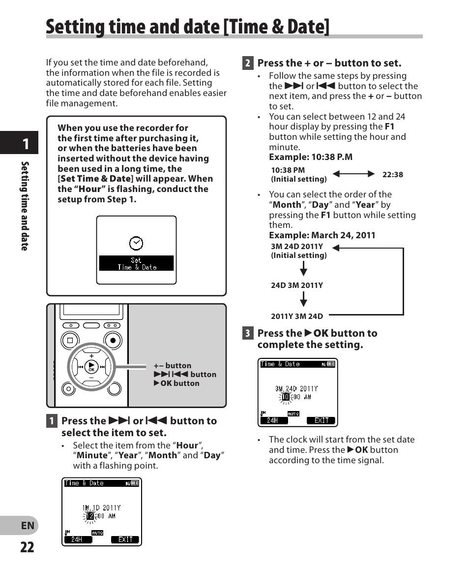 Setting time and date [time & date | Olympus DM-650 User Manual | Page 22 / 113
