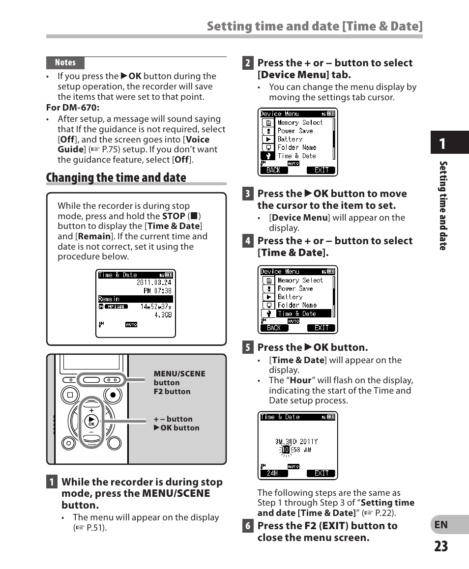Setting time and date [time & date, Changing the time and date | Olympus DM-650 User Manual | Page 23 / 113