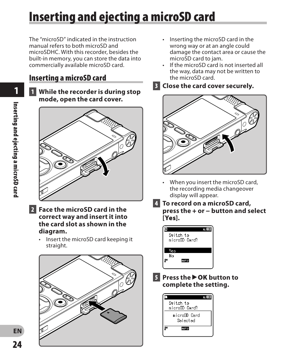 Inserting and ejecting a microsd card, Inserting a microsd card | Olympus DM-650 User Manual | Page 24 / 113