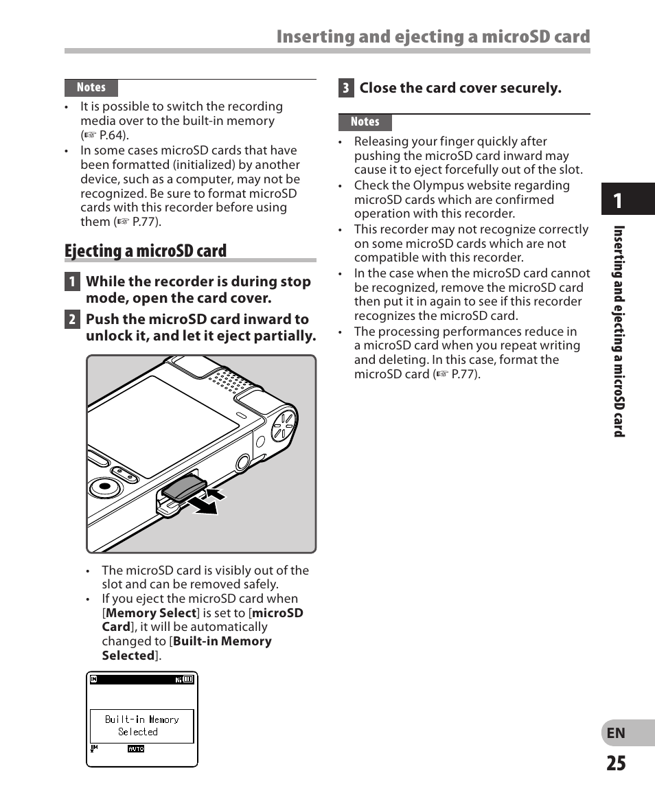 Inserting and ejecting a microsd card, Ejecting a microsd card | Olympus DM-650 User Manual | Page 25 / 113