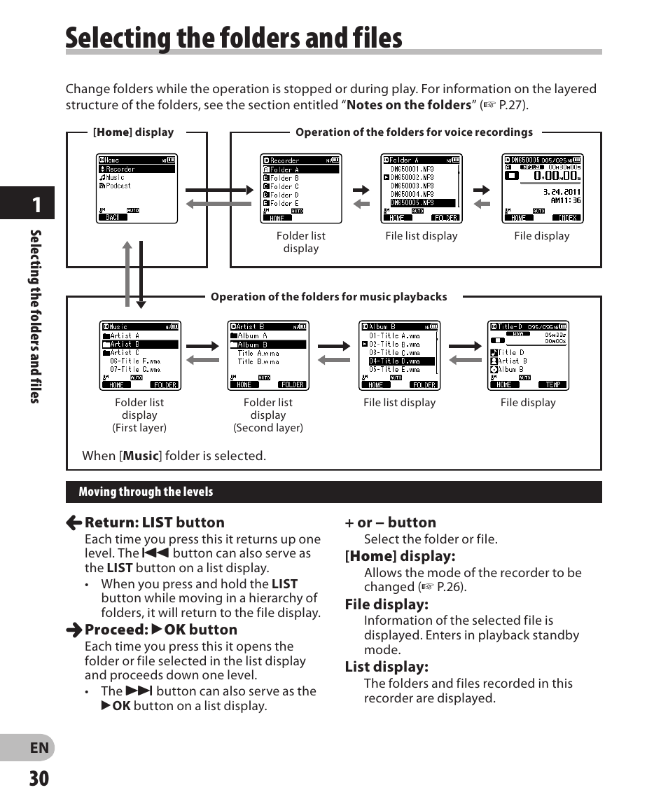 Selecting the folders and files | Olympus DM-650 User Manual | Page 30 / 113