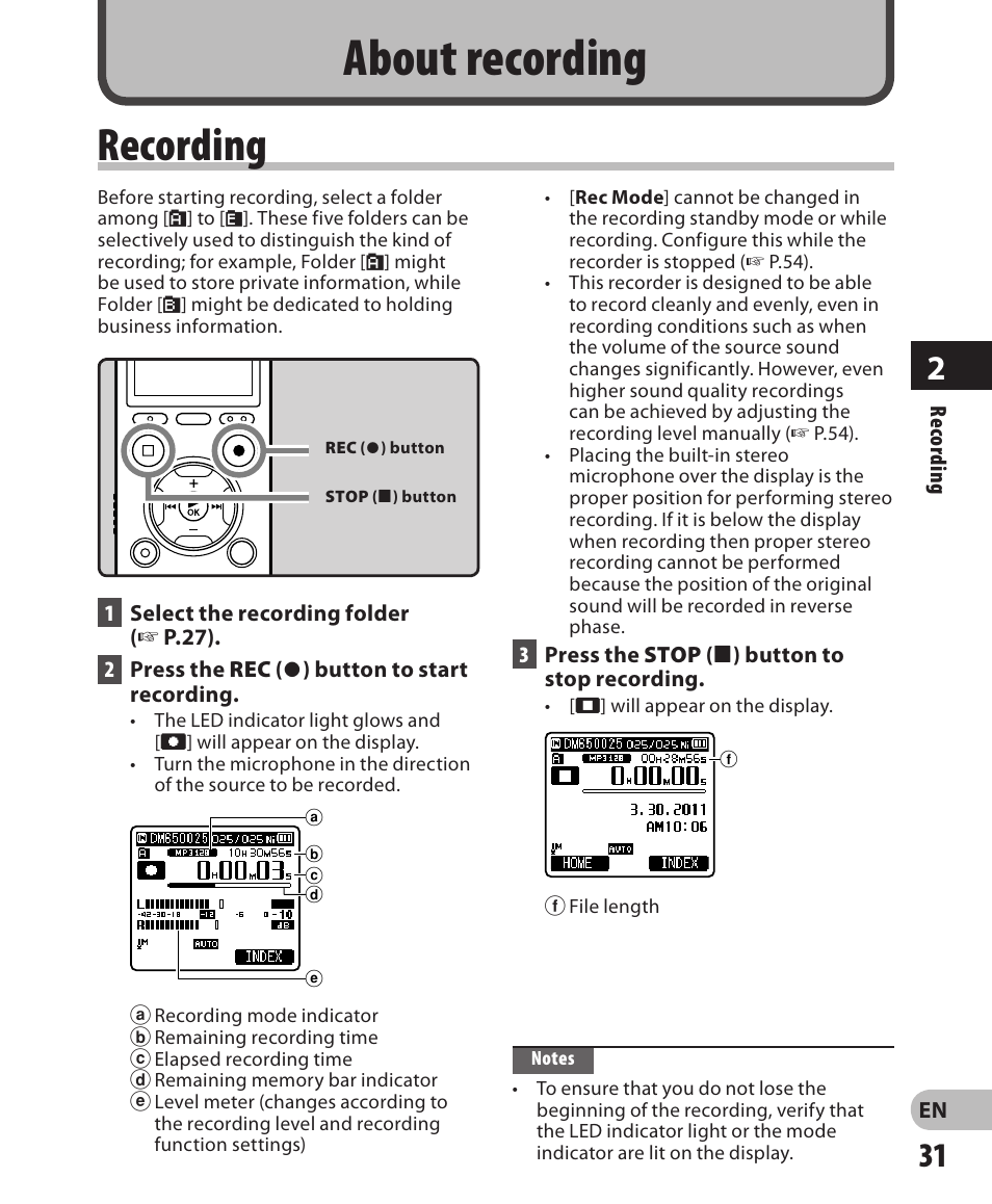 About recording, Recording | Olympus DM-650 User Manual | Page 31 / 113