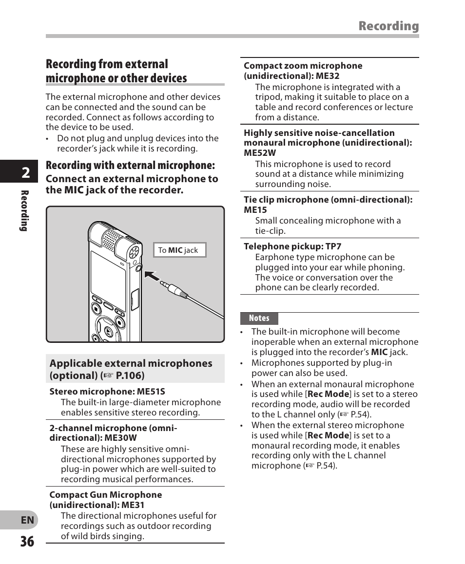 Recording | Olympus DM-650 User Manual | Page 36 / 113