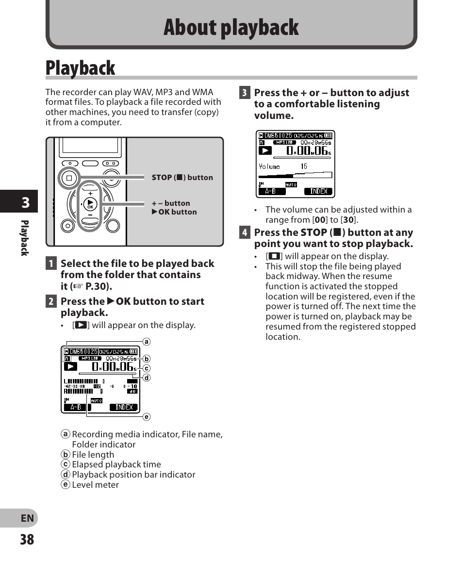 About playback, Playback | Olympus DM-650 User Manual | Page 38 / 113