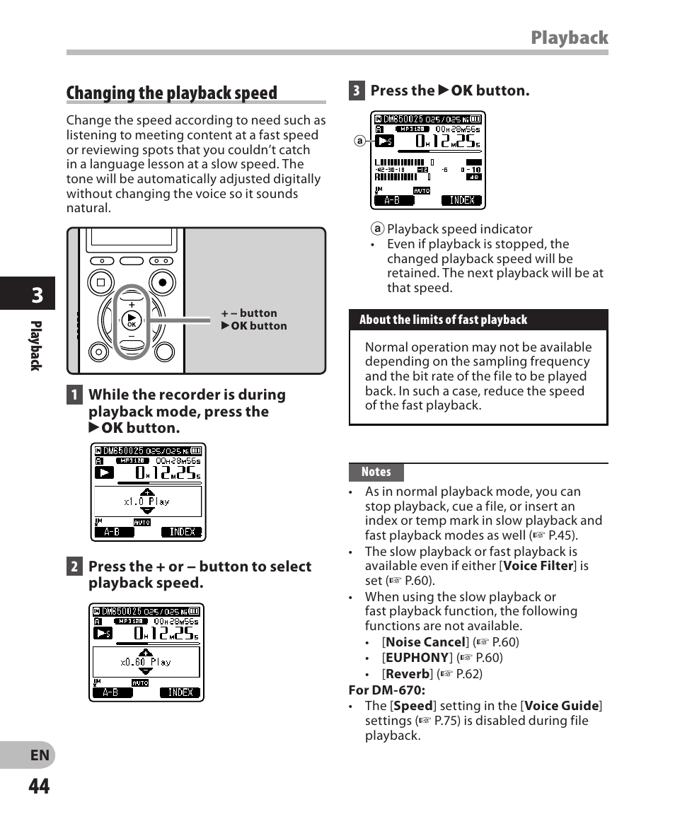 Playback, Changing the playback speed | Olympus DM-650 User Manual | Page 44 / 113