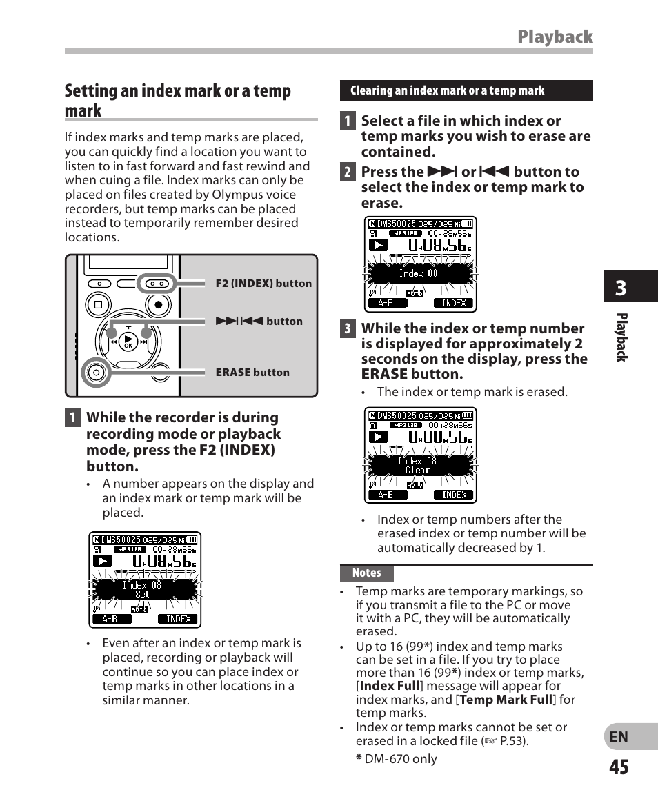 Playback, Setting an index mark or a temp mark | Olympus DM-650 User Manual | Page 45 / 113