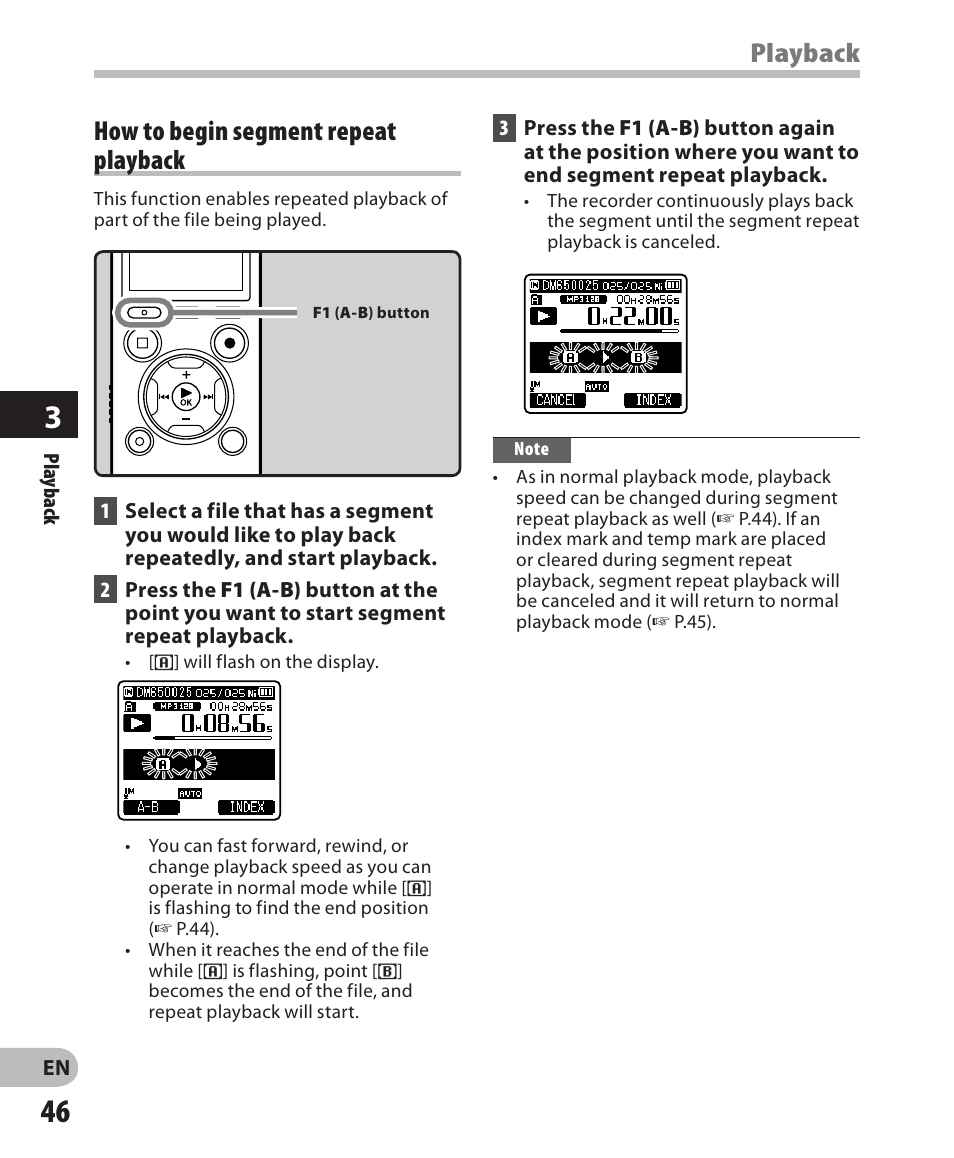 Playback, How to begin segment repeat playback | Olympus DM-650 User Manual | Page 46 / 113