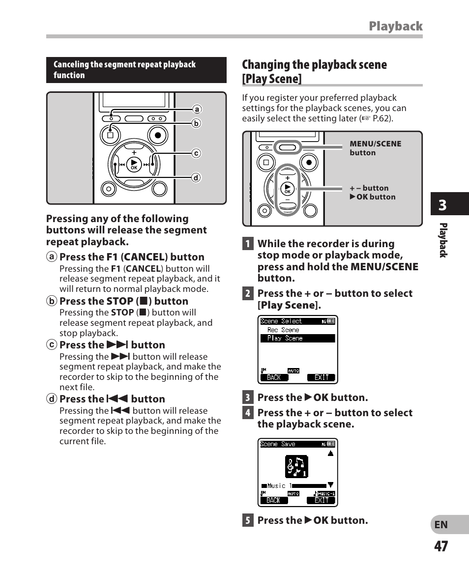 Playback, Changing the playback scene [play scene | Olympus DM-650 User Manual | Page 47 / 113