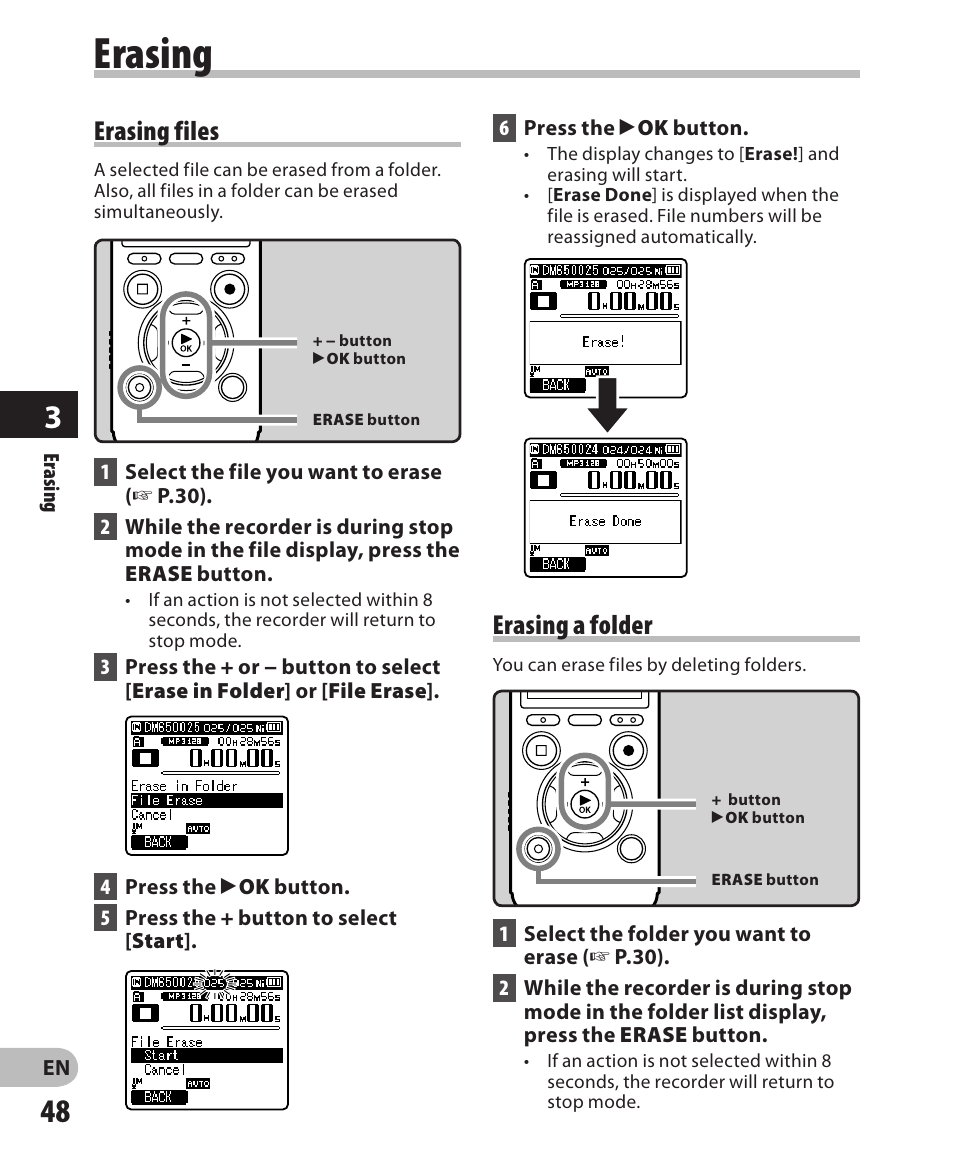 Erasing, Erasing files, Erasing a folder | Olympus DM-650 User Manual | Page 48 / 113