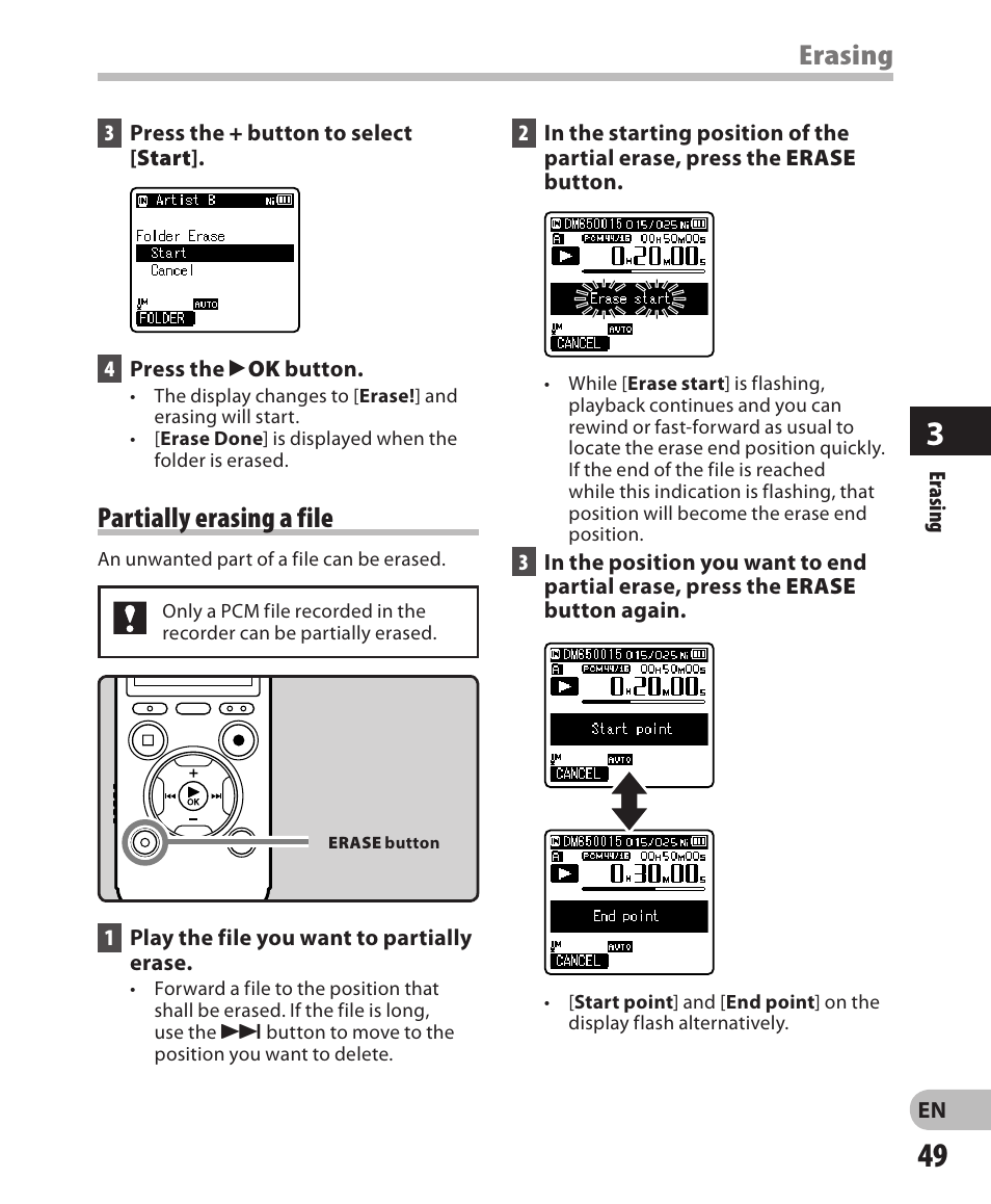 Erasing, Partially erasing a file | Olympus DM-650 User Manual | Page 49 / 113