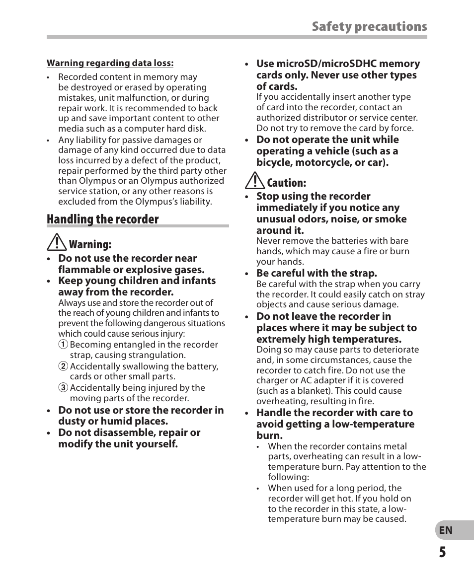 Safety precautions, Handling the recorder | Olympus DM-650 User Manual | Page 5 / 113