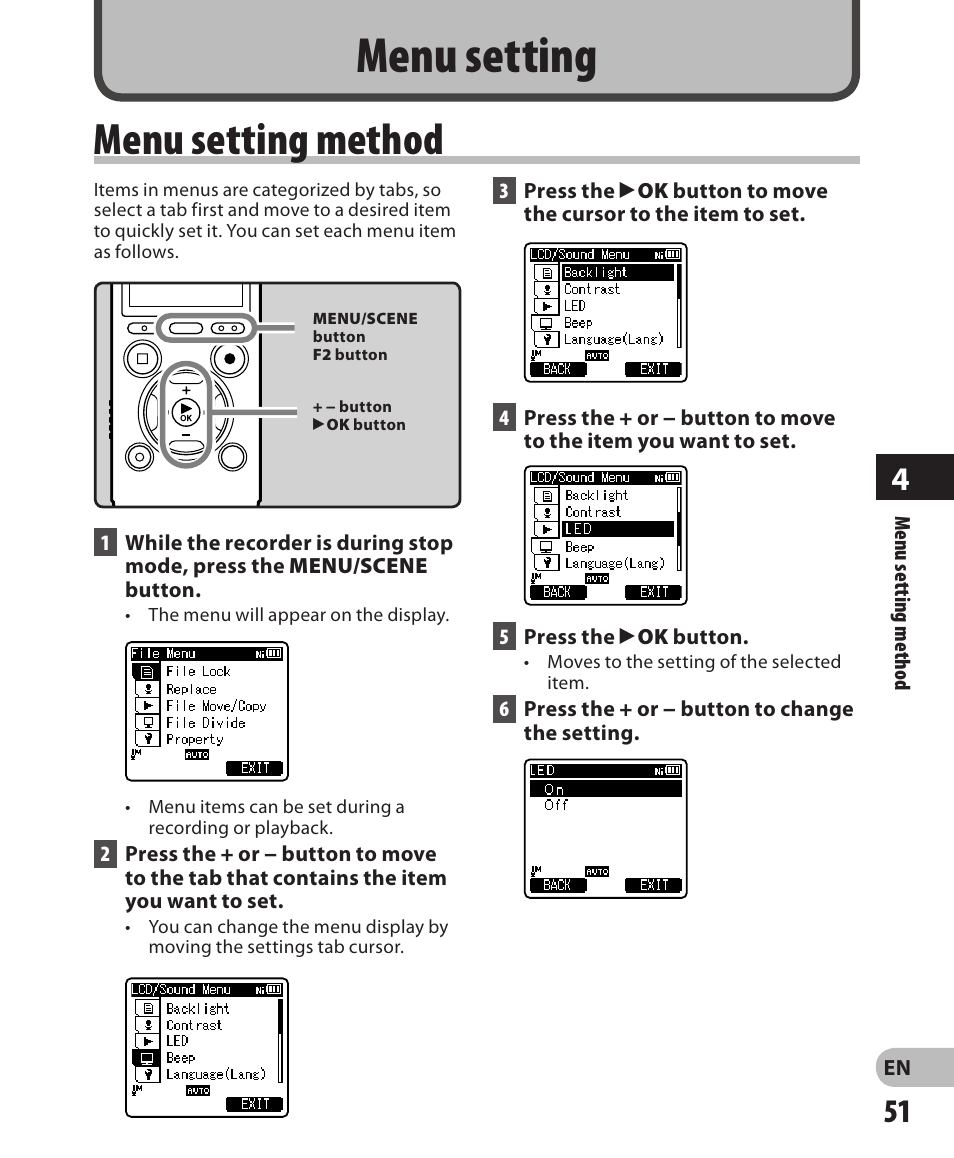 Menu setting, Menu setting method | Olympus DM-650 User Manual | Page 51 / 113