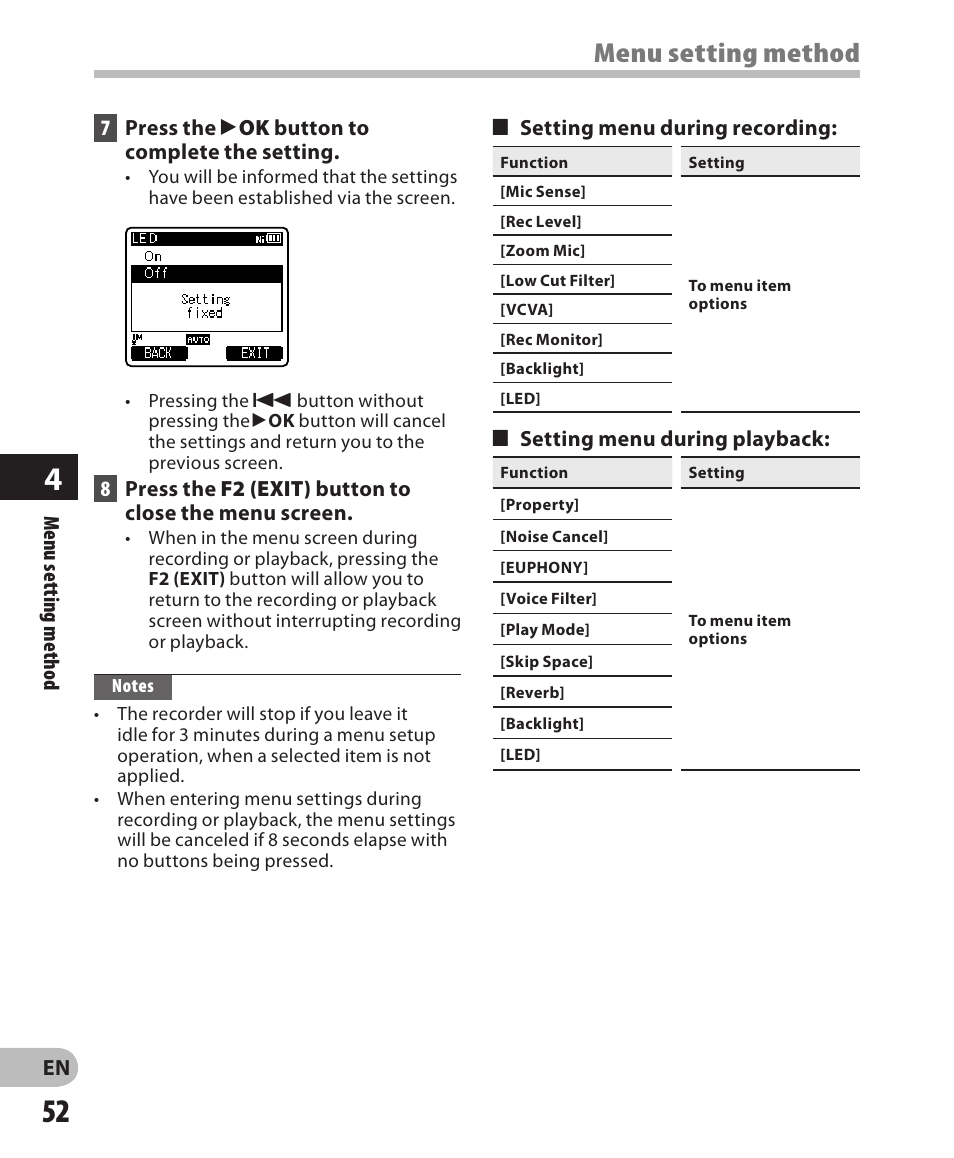 Menu setting method | Olympus DM-650 User Manual | Page 52 / 113