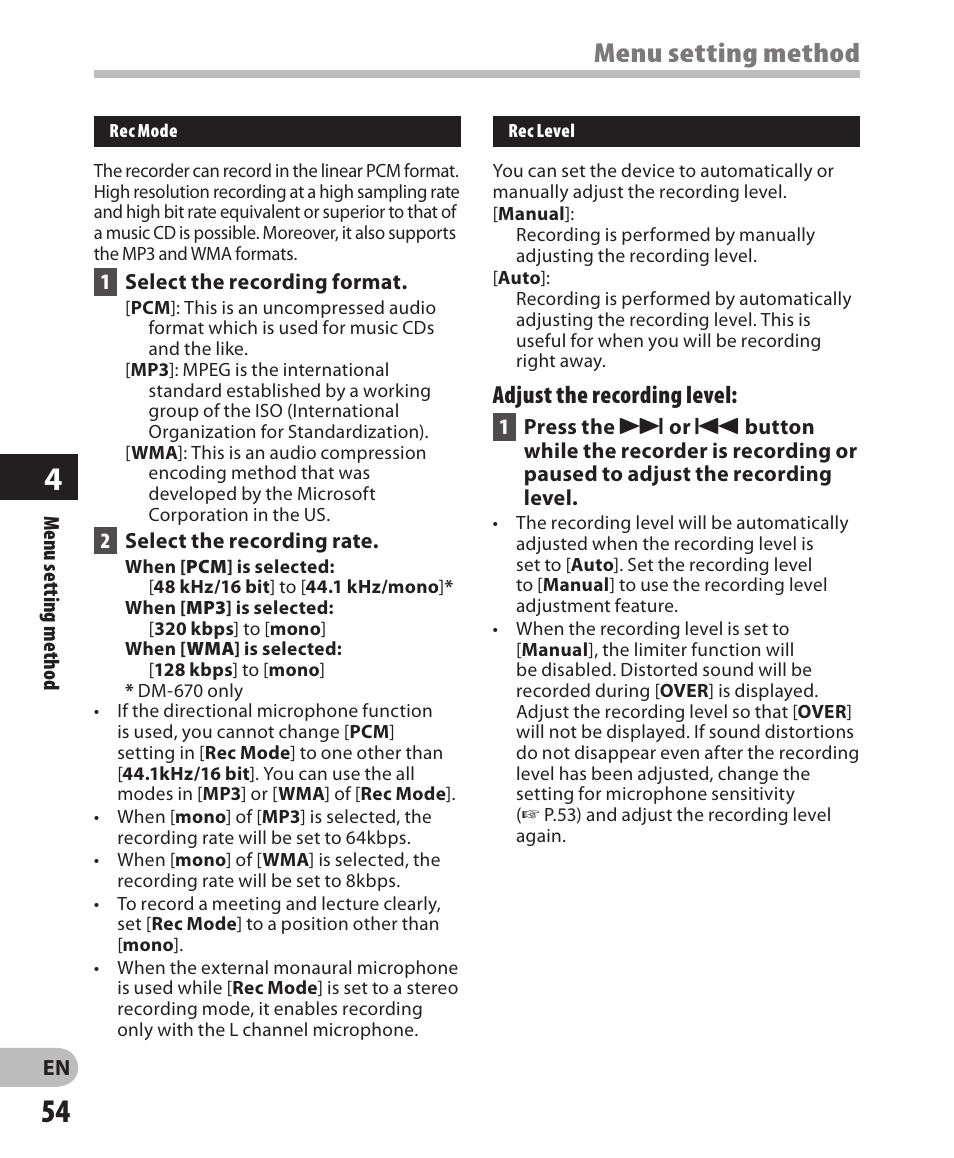 Menu setting method, Adjust the recording level | Olympus DM-650 User Manual | Page 54 / 113