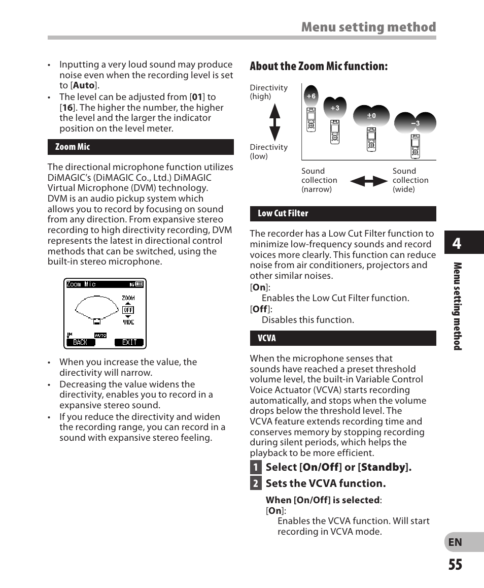 Menu setting method, About the zoom mic function | Olympus DM-650 User Manual | Page 55 / 113