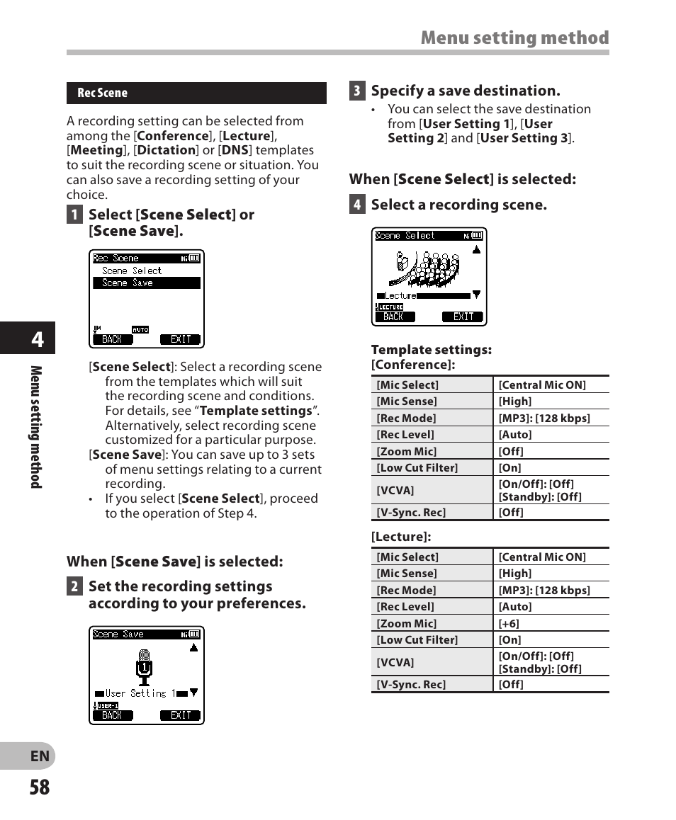 Menu setting method | Olympus DM-650 User Manual | Page 58 / 113
